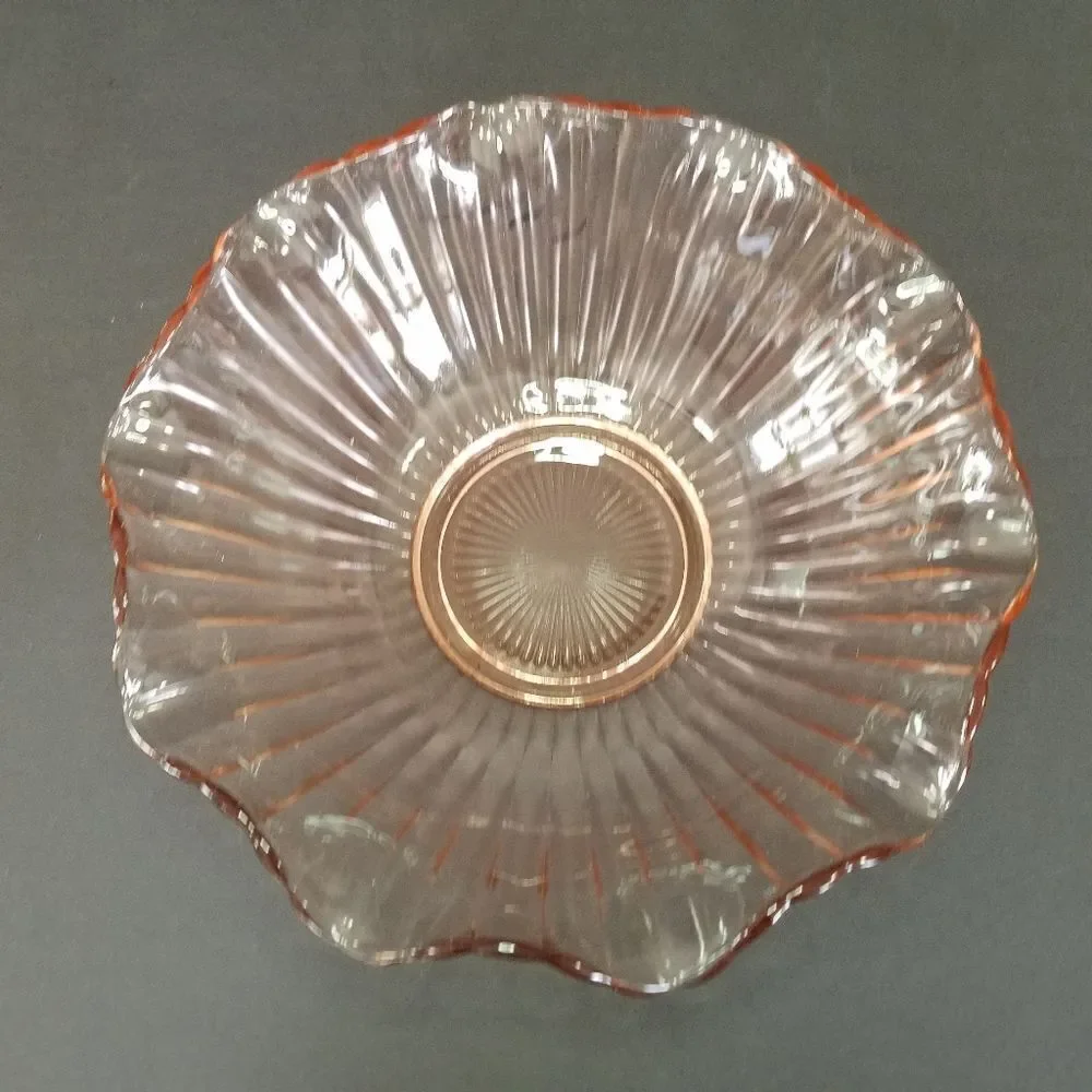 Vintage Anchor Hocking Large Pink Glass Ruffled Bowl & Matching Candle Holders